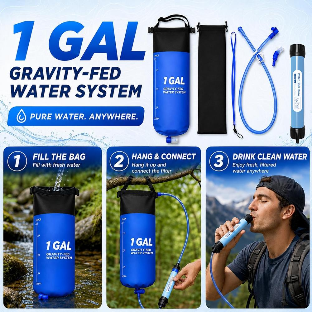 1 Gal Gravity Water Filter Bag - Water Purification Straw 评论和价格